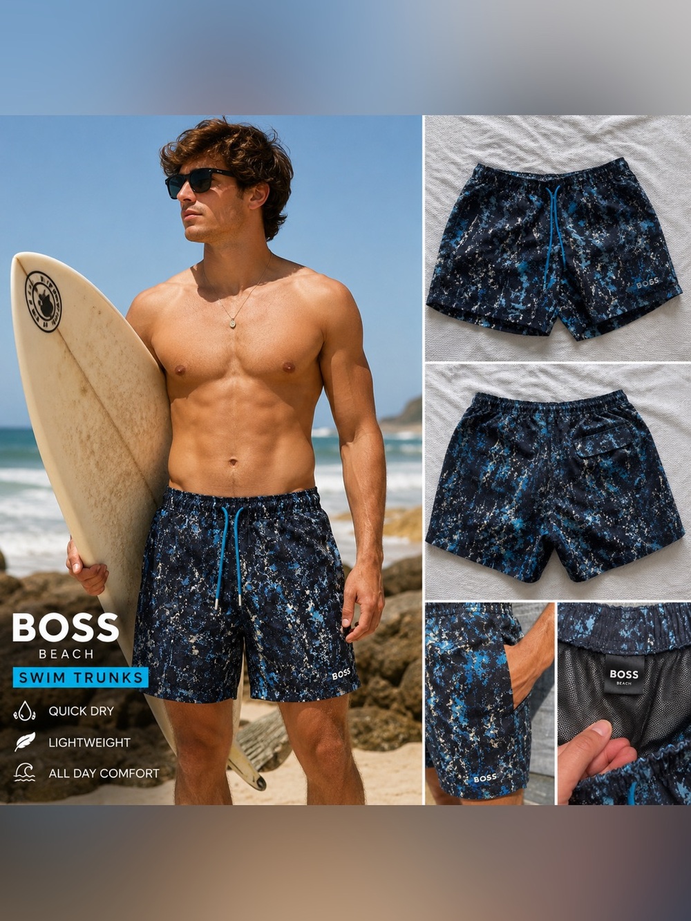 BOSS Men's Black and Blue Patterned Swim Trunks